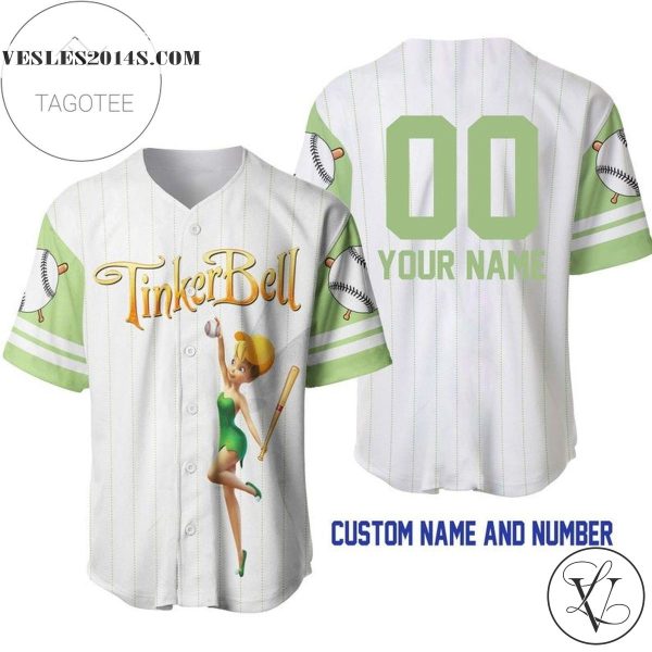 Personalized Tinker Bell All Over Print Pinstripe Baseball Jersey – White