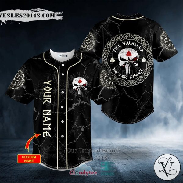 Personalized Valhalla Never Kneel Punisher Skull Custom Baseball Jersey