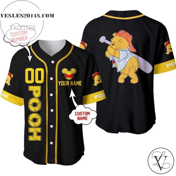 Personalized Winnie The Pooh Playing Baseball All Over Print Baseball Jersey – Black