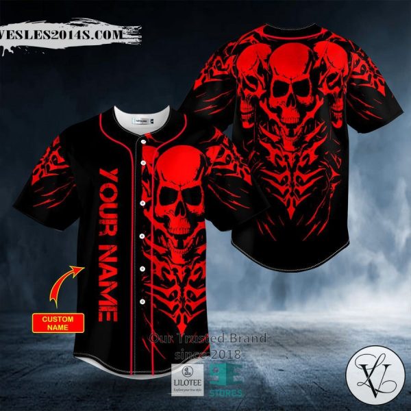 Red 3 Heads Skeletons Skull Custom Baseball Jersey