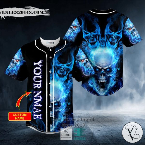 Red Eyes Blue Fire Skull Custom Baseball Jersey
