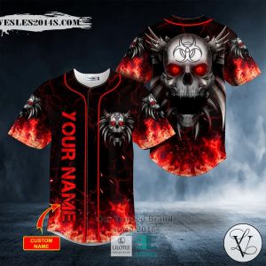 Red Flame Biohazard Metal Wings Skull Custom Baseball Jersey