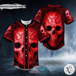 Red Oriental Skull Baseball Jersey