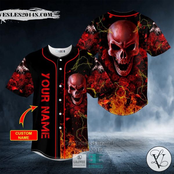 Red Rose Blood Lightning Fire Skull Custom Baseball Jersey