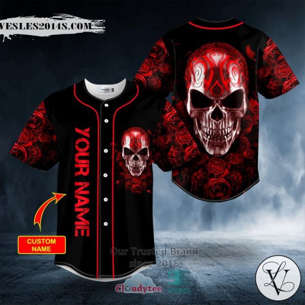 Red Roses Tribal Metal Skull Custom Baseball Jersey