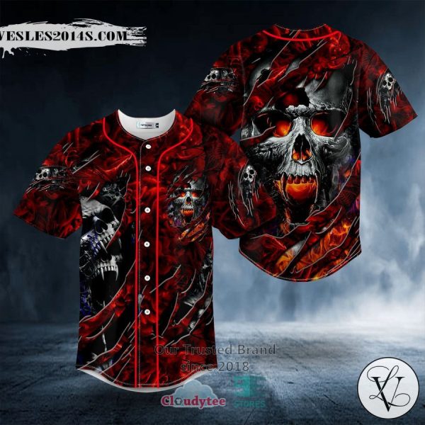 Ripped Fire Eyes Vampire Skull Baseball Jersey