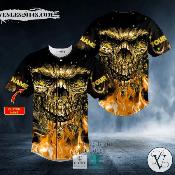 Rustic Gold Fire Skull Custom Baseball Jersey