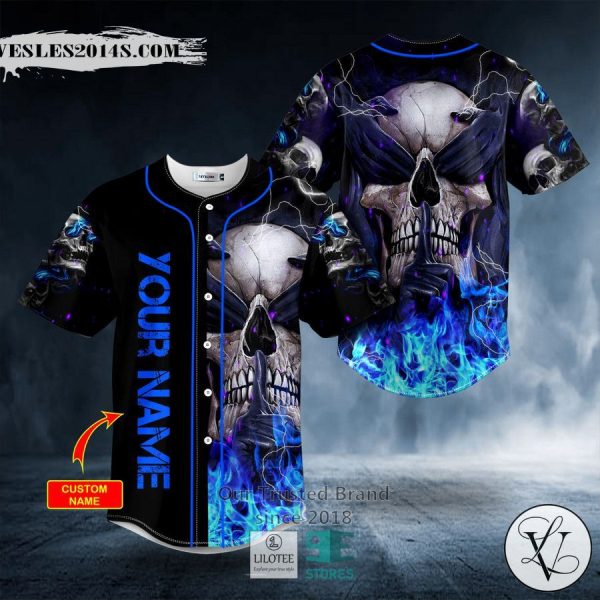 See No Hear No Speak No Evil Blue Fire Skull Custom Baseball Jersey