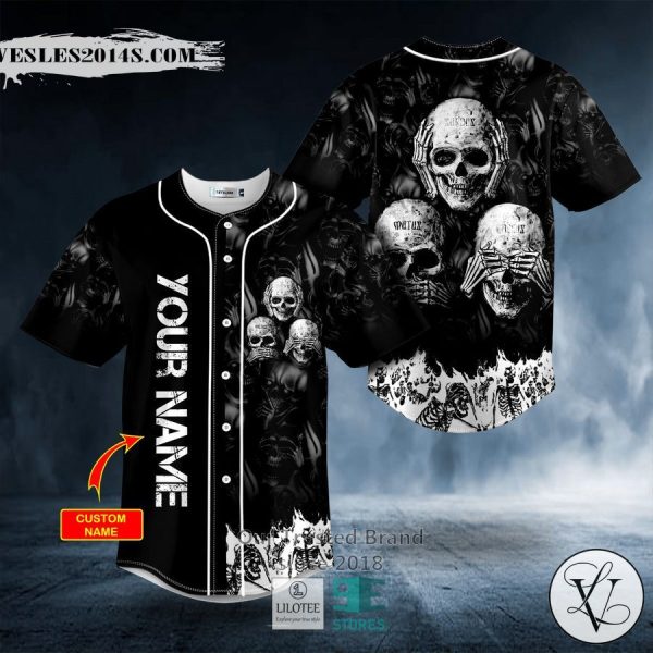 See No Hear No Speak No Evil Gray Fire Skull Custom Baseball Jersey